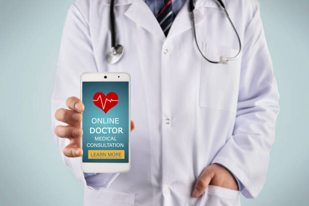 Doctor hand showing online doctor medical consultation concept on screen