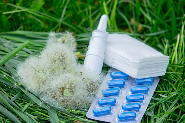 Nasal drops, allergy spray, wipes and tablets. Allergy treatment concept.